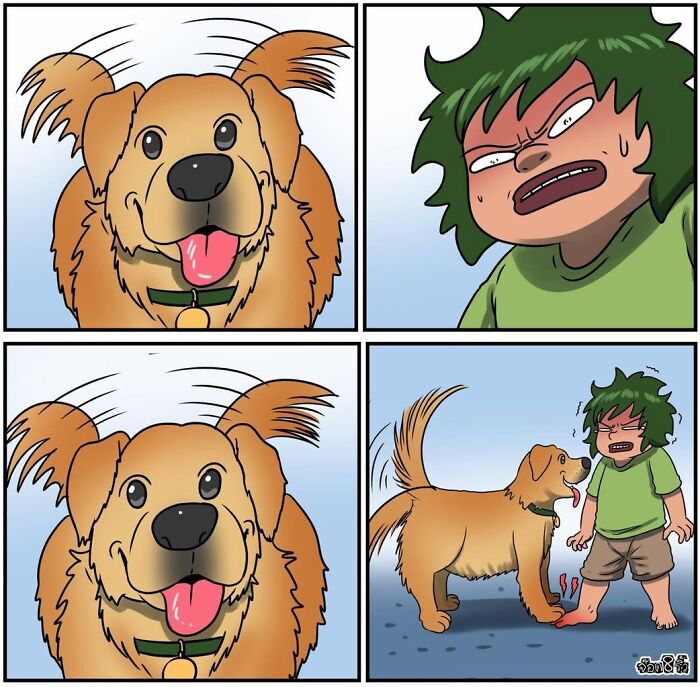 Comic strip by Jod_8riew showing a dog joyfully wagging its tail and a character reacting humorously.