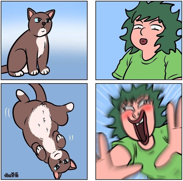 Comic art of a cat flipping while a surprised woman laughs, showcasing unexpected comedy by artist Jod_8riew.