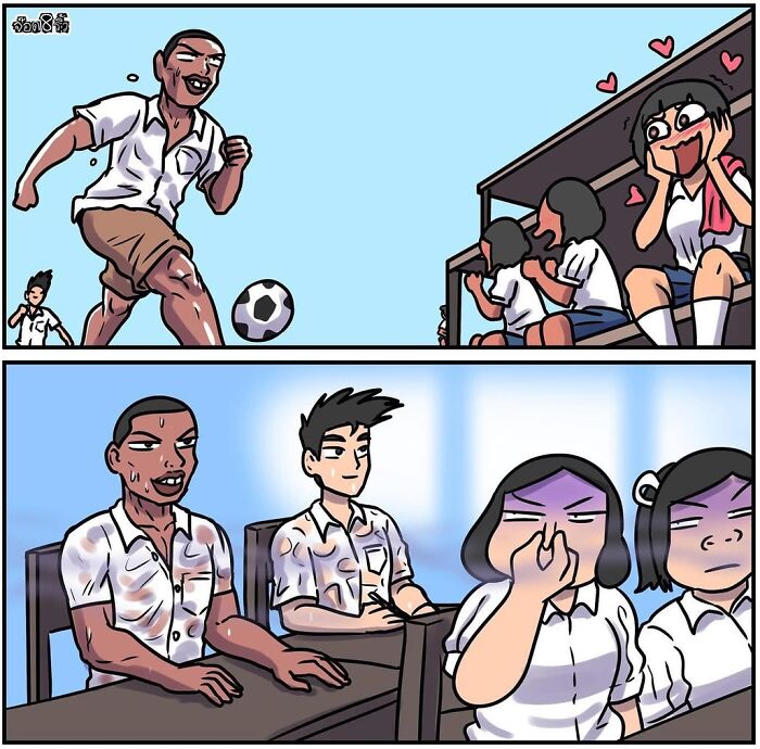 Comic strip by Jod_8riew showing a schoolboy playing soccer, with classmates reacting humorously.