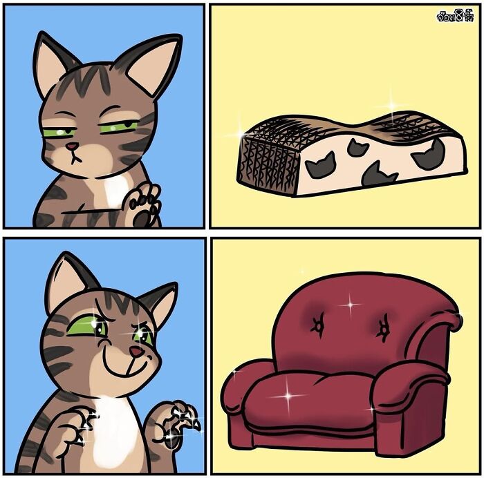 Cat pondering between a scratcher and a couch in a comedic comic by artist Jod_8riew.