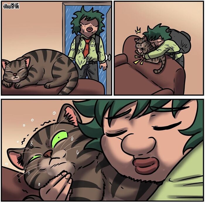 Comic by artist Jod_8riew featuring a surprised cat being hugged by a person with green hair.