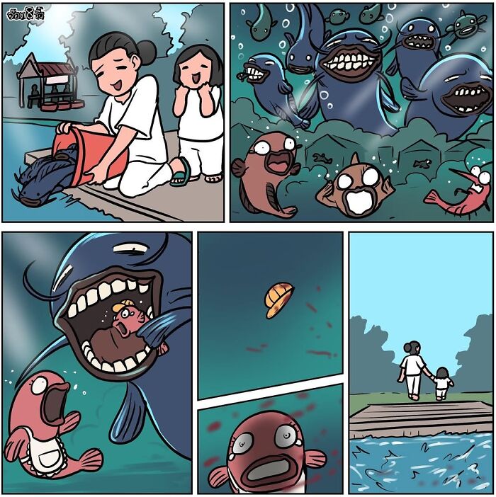 Unexpected comedy art by Jod_8riew featuring fish and people in surprising scenarios.