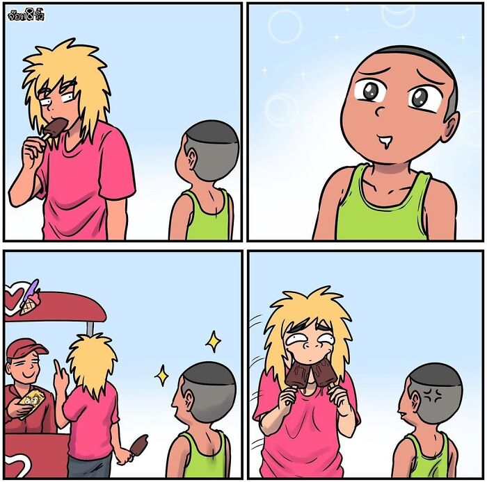 Cartoon by artist Jod_8riew showing a funny ice cream purchase with two characters in a playful sequence.