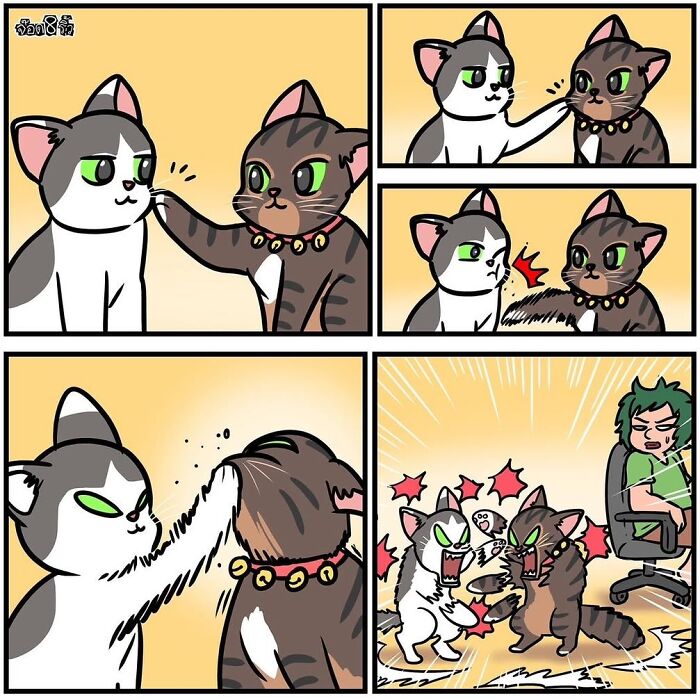 Comic strip by Jod_8riew showing cats playfully slapping and fighting, with an artist observing in a humorous scene.