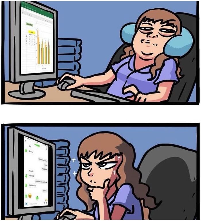 Cartoon by Jod_8riew showing funny expressions of a woman at a computer, highlighting unexpected comedy.