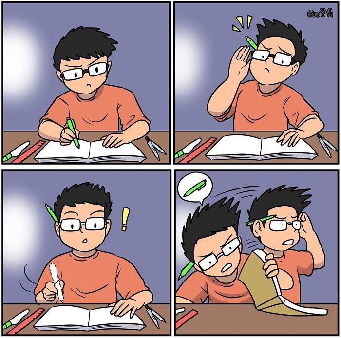 Comic by artist Jod_8riew shows a student realizing he's holding a pen with his ear while studying.