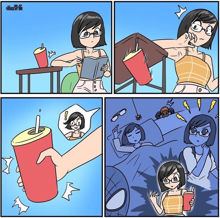 Comic by Jod_8riew: Woman knocks over drink, later wakes startled by a spider, clutching the cup.