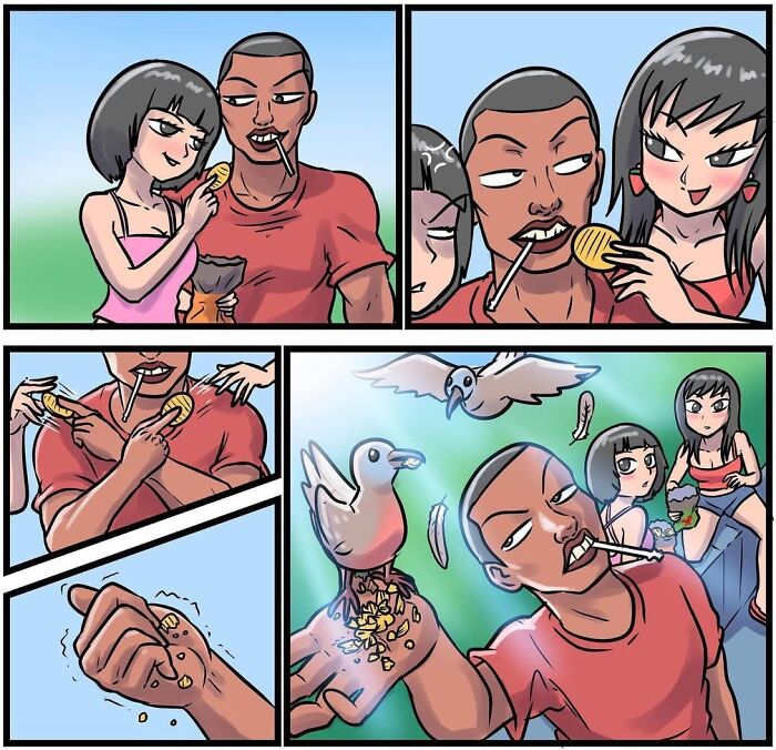 A man humorously feeds chips to a bird while two women watch, showcasing unexpected comedy by artist Jod_8riew.