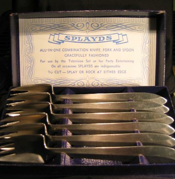 Box of Splayds, a weird invention featuring a combination of knife, fork, and spoon, once considered revolutionary.