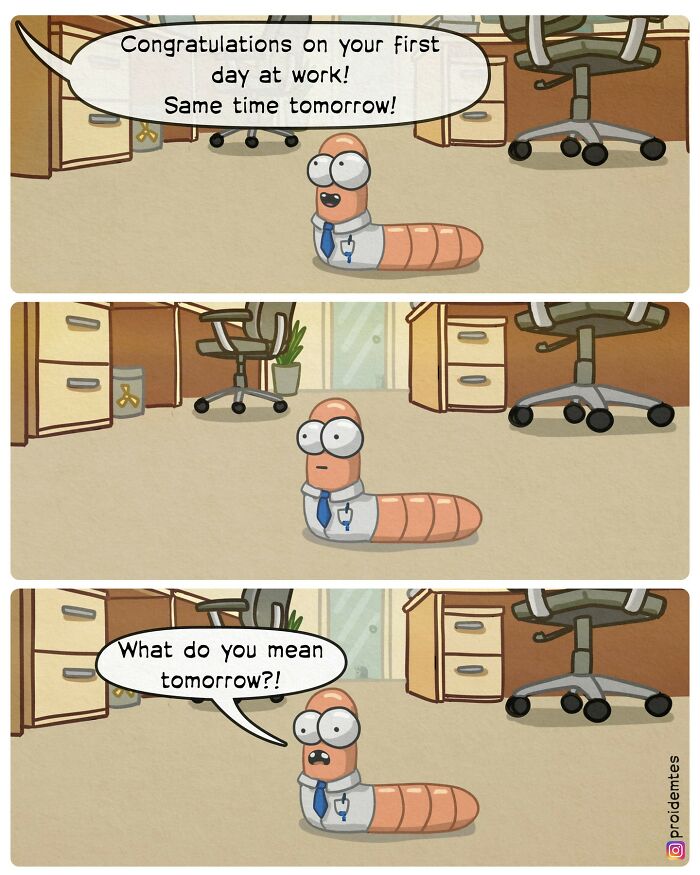 Cartoon worm in an office reacts with surprise to a funny twist in conversation about returning to work tomorrow.