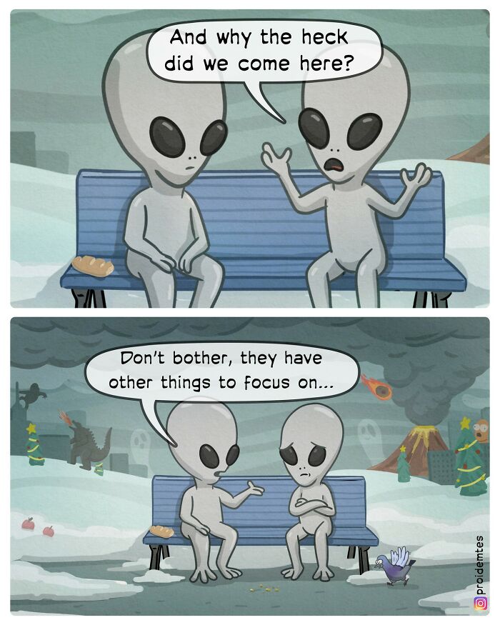 Aliens on a park bench question their purpose while chaos unfolds in the background, showcasing absurd stories with a funny twist.