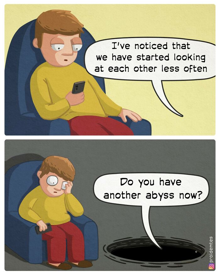Person sitting in a chair holding a phone, talking about an abyss, in a comic series with an absurd story and funny twist.