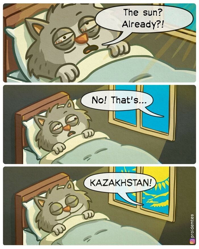 Cartoon owl in bed, confused by a bright window, humorously mistaking it for Kazakhstan in absurd comic story.