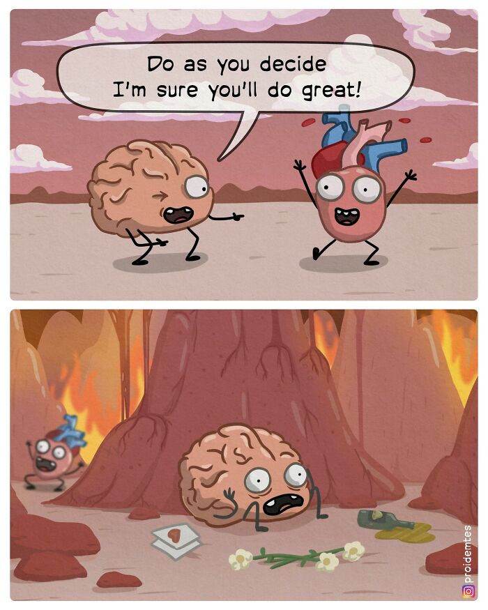 Comic series scene with brain encouraging heart, followed by brain shocked in chaos.