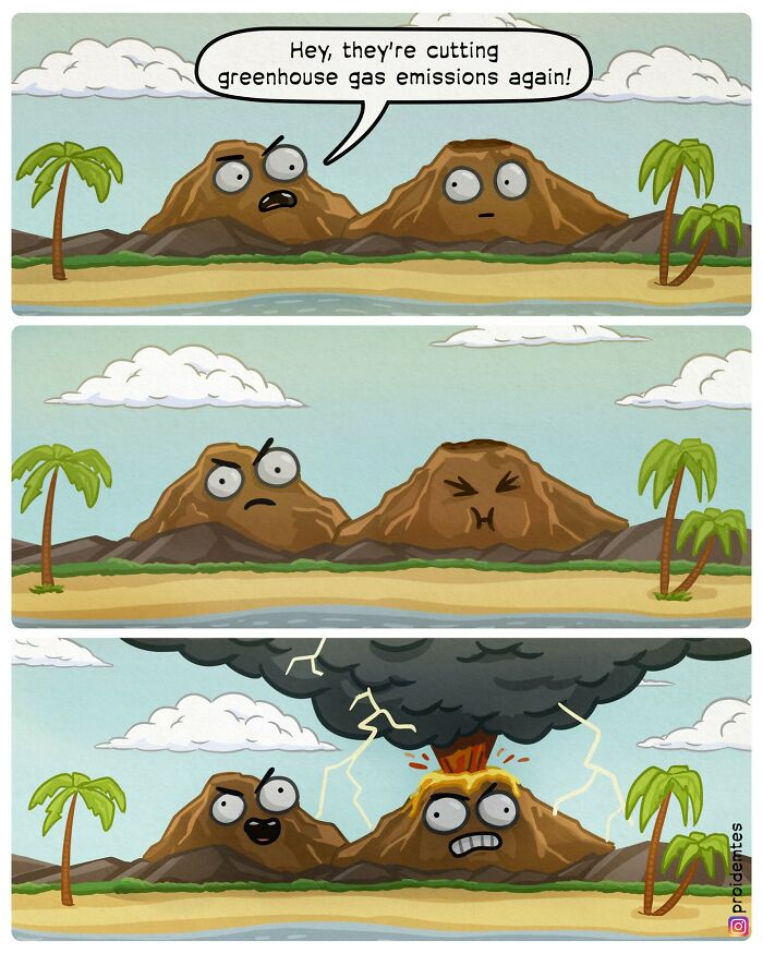 Cartoon volcanoes reacting humorously to reduced greenhouse gas emissions.