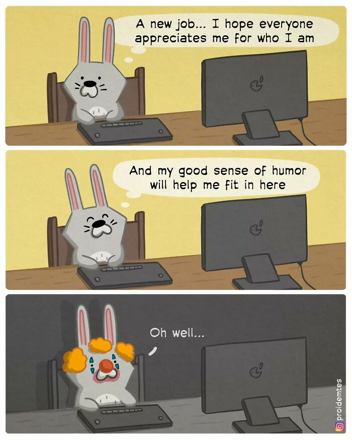 Comic series character at a desk with funny twist, feeling hopeful, then turns into a clown with a disappointed expression.