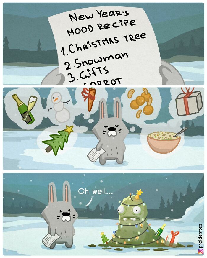 A comic with a rabbit creating a New Year's mood recipe, ending in an absurd and funny twist with a messy holiday scene.