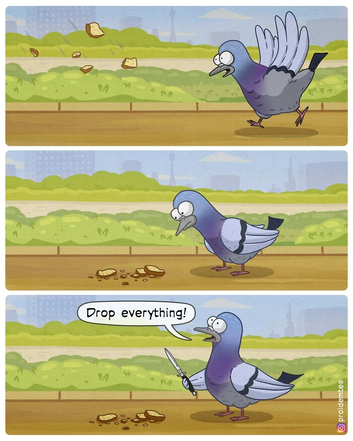 Pigeon in an absurd comic approaches crumbs, shocked, then demands "Drop everything!" with a knife.