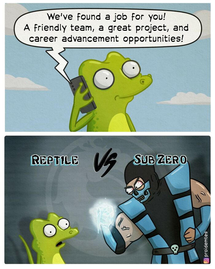 Comic series with absurd story: a lizard on call about job, facing off with ice-themed character in second panel.
