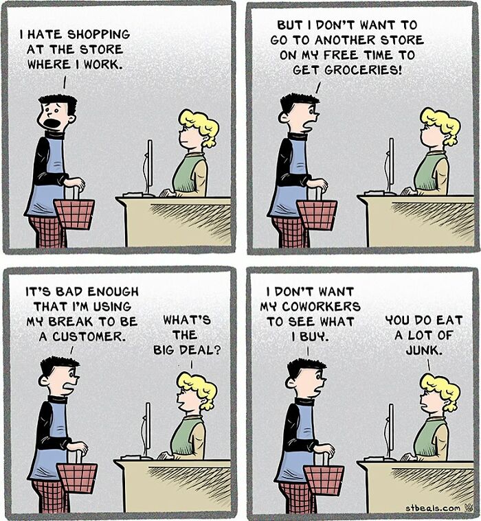 Comic illustrating funny retail work moments by Stephen Beals, featuring an employee hesitant to shop at his workplace.