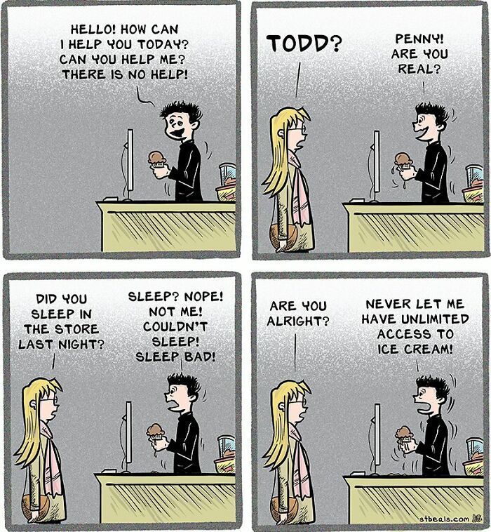 Comic about working in retail by Stephen Beals, featuring humorous dialogue between a cashier and a customer.