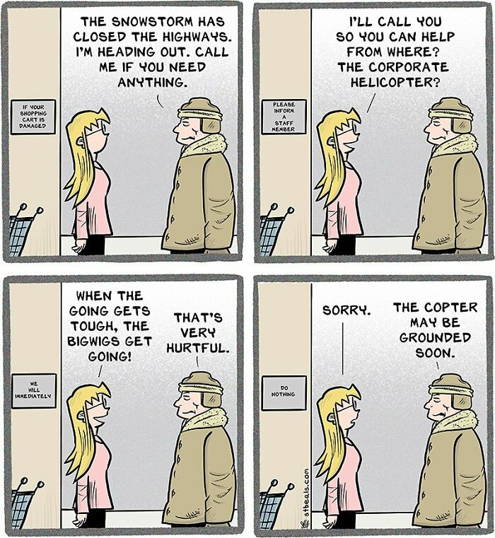 Comic about working in retail during a snowstorm, featuring a humorous exchange between two employees on a break.