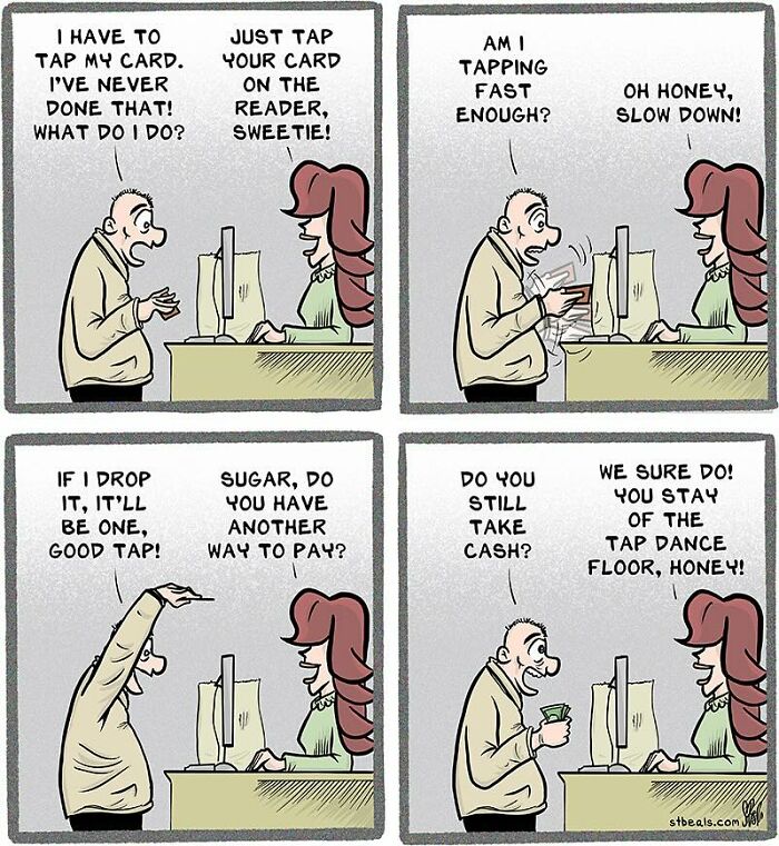 Comic by Stephen Beals humorously depicting a customer's struggle with card payment in retail.
