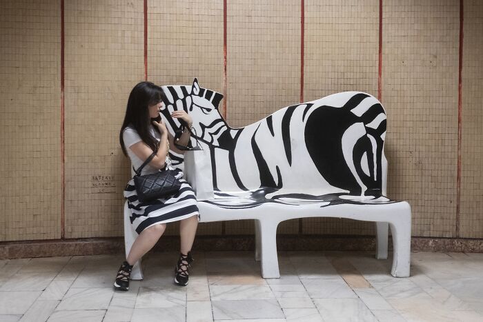 Woman sitting next to a zebra-patterned street bench, matching its stripes with her dress, creating a comedic moment.