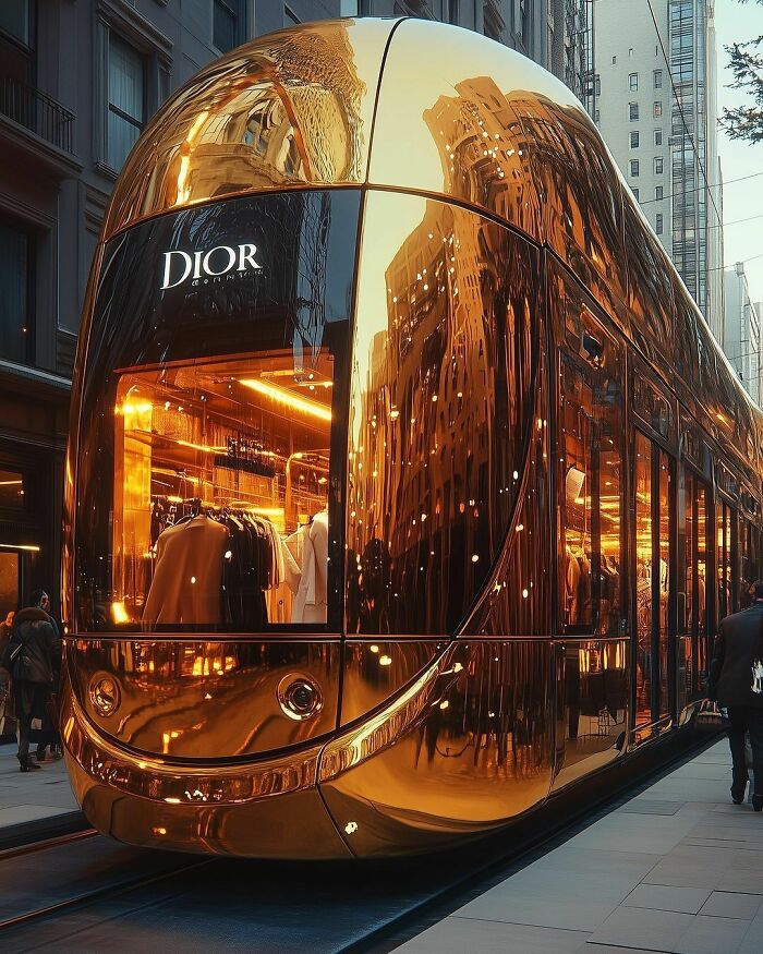 Gold-toned AI-generated tram reflects cityscape in a futuristic setting.