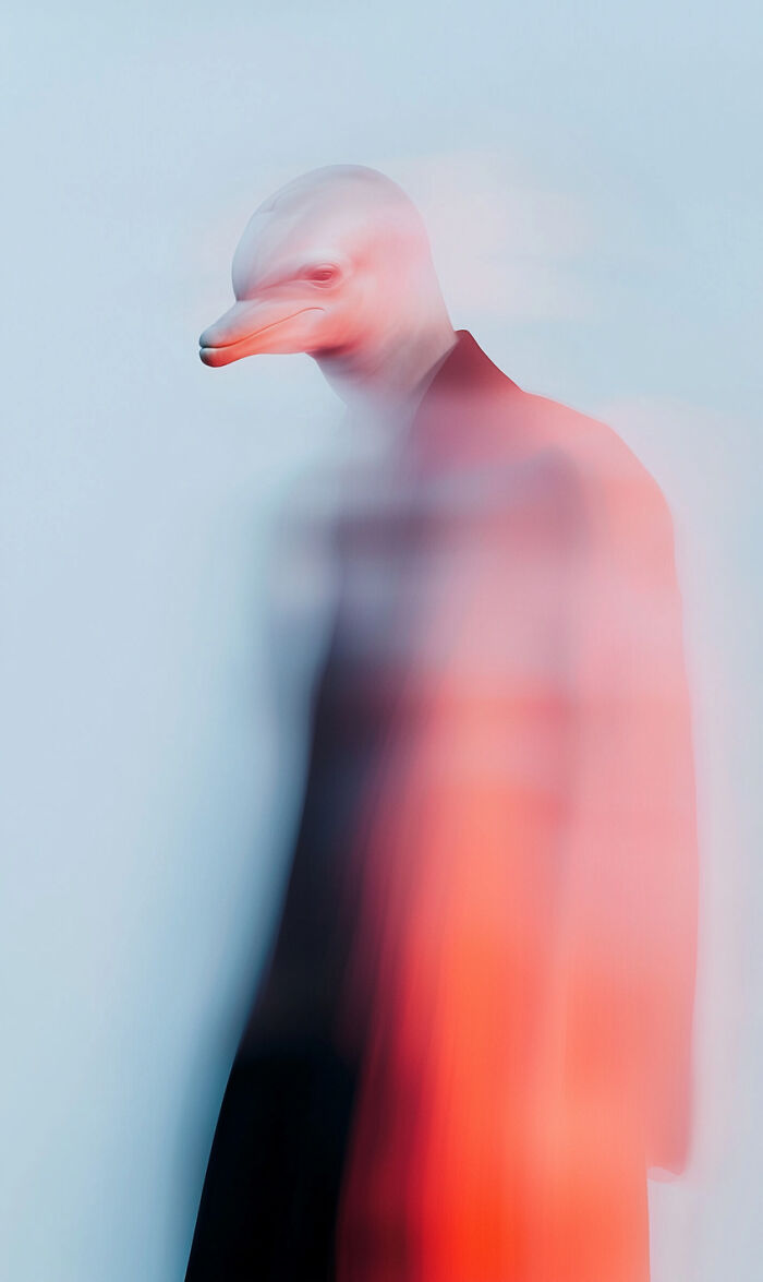 Surreal AI-generated image of a human-like figure with a bird head, showcasing creativity in AI image competition.