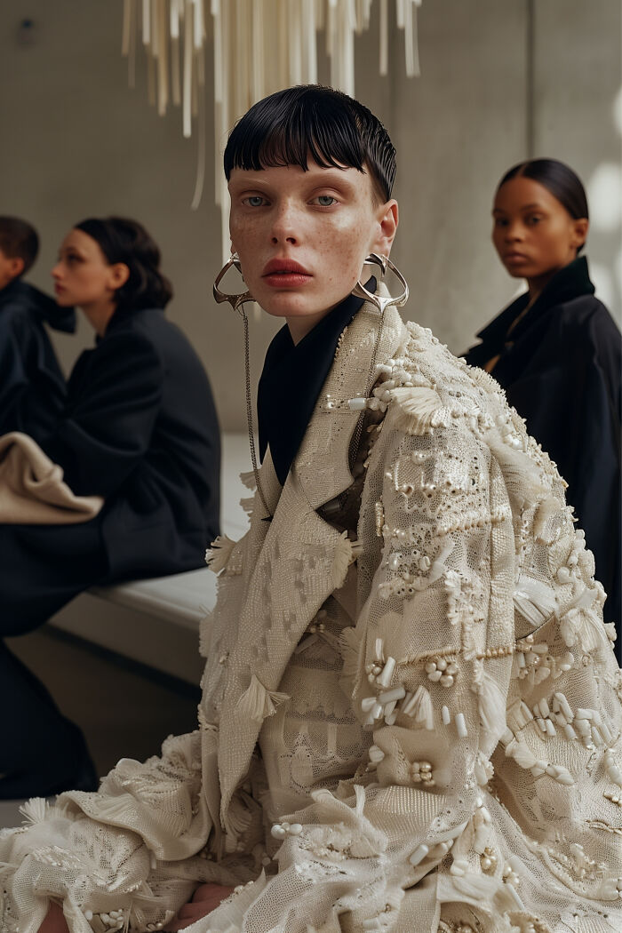 Portrait of a model in an ornate beige coat, showcasing a winning AI image from the first AI image competition.