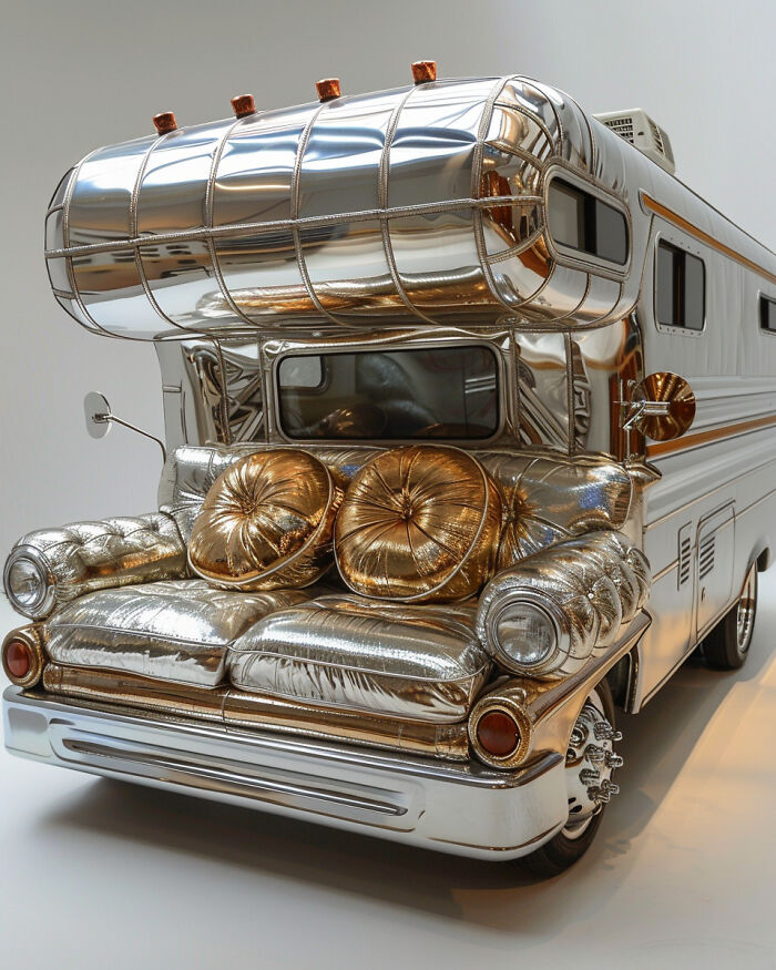 A shiny silver and gold AI-designed vehicle showcased in an image competition.