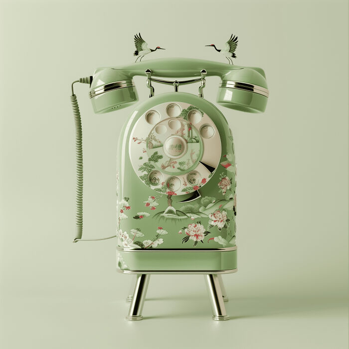 Vintage green rotary phone with floral design and bird accents from AI image competition.