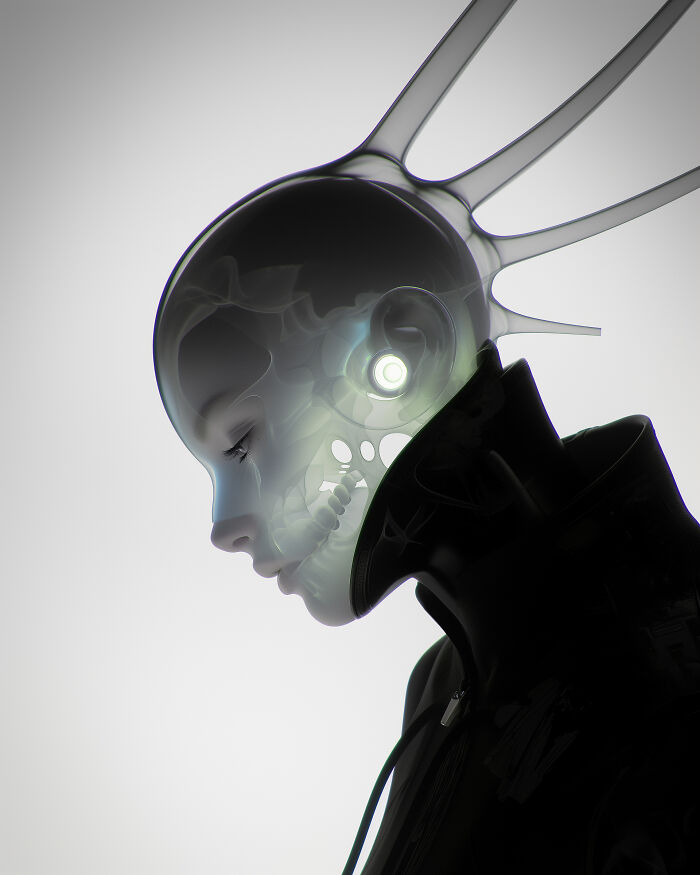 Futuristic AI image featuring a humanoid figure with a translucent, glowing headpiece, showcasing cutting-edge digital art.