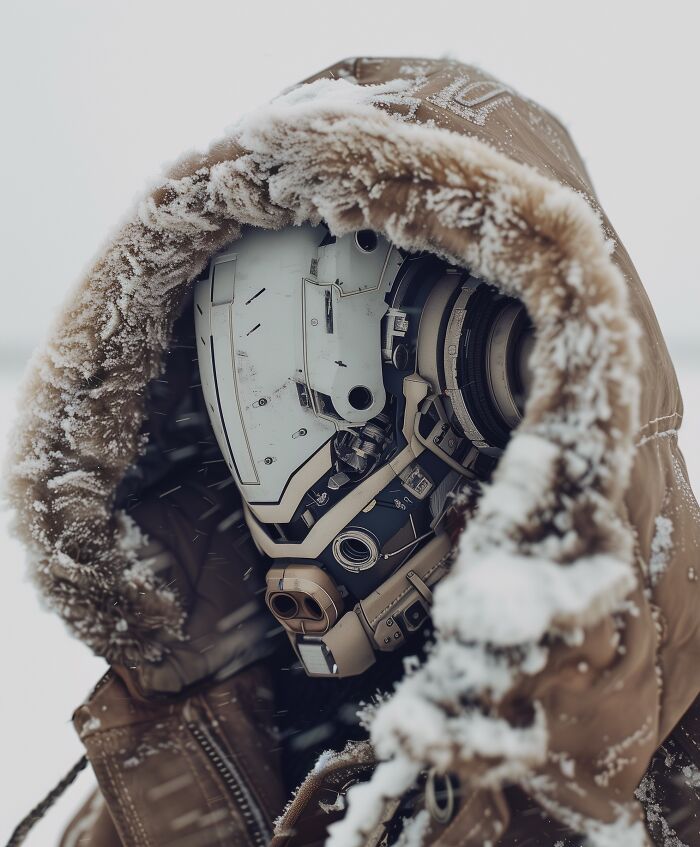 AI image of a robotic figure in a snowy hooded jacket, showcasing innovation in AI art competition.