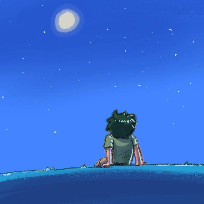 Cartoon figure gazing at the moon in a humorous night scene, artwork by Jod_8riew.
