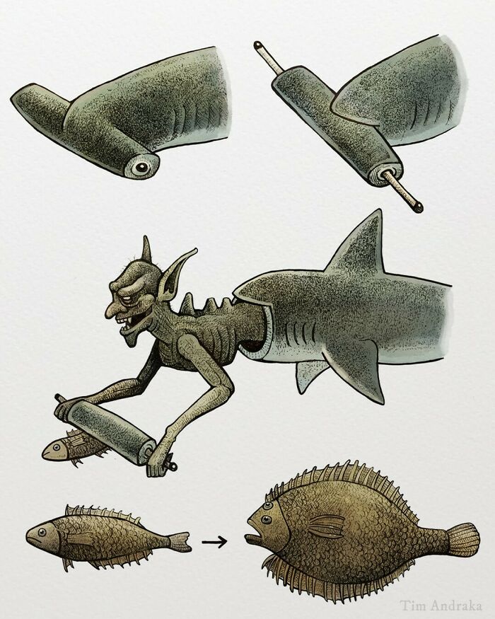 Surreal animals illustration in a scientific style, featuring a goblin-like creature with a shark body and fish transformation.