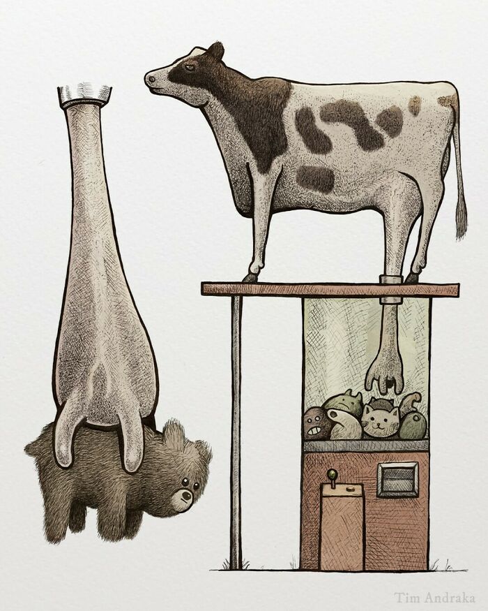 Surreal animal illustration with a cow and a bear upside down, depicted in a scientific encyclopedia style.