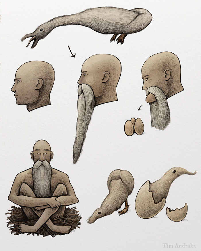 Surreal animals illustrated in a scientific style with human-like features and whimsical design.