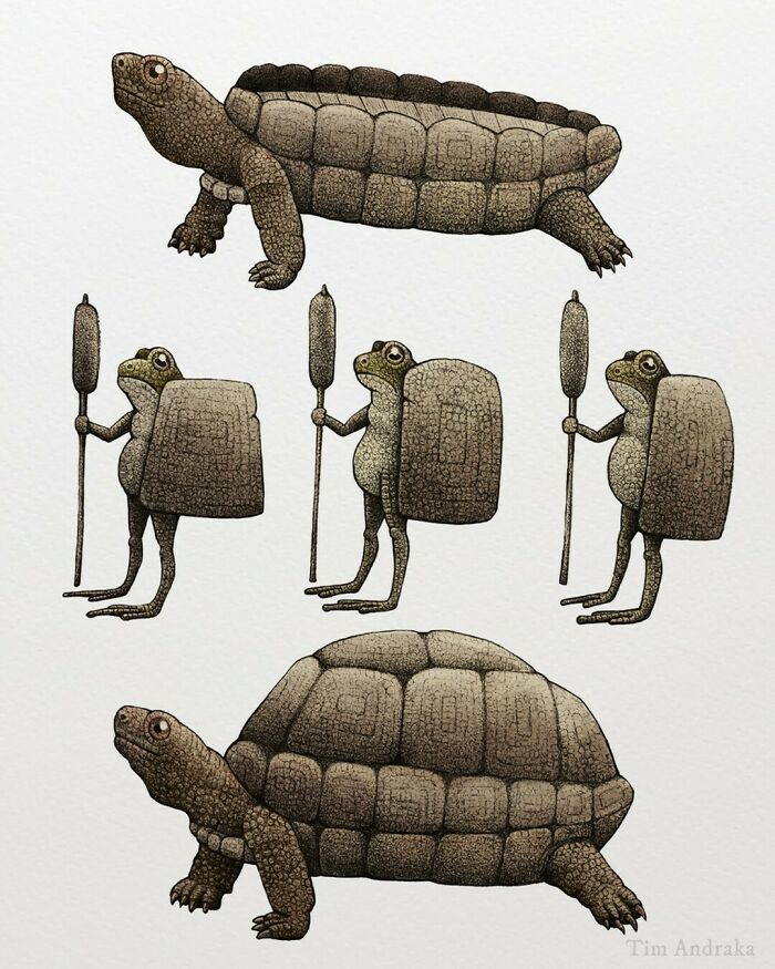 Surreal animals in scientific style, featuring turtle-like creatures with long legs and spears, humorously illustrated.