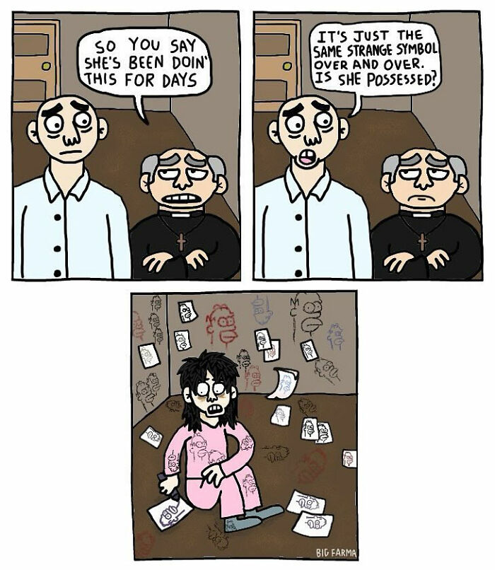 Two men discuss strange symbols in hallway while a woman in pajamas sits surrounded by absurd comics on floor and walls.