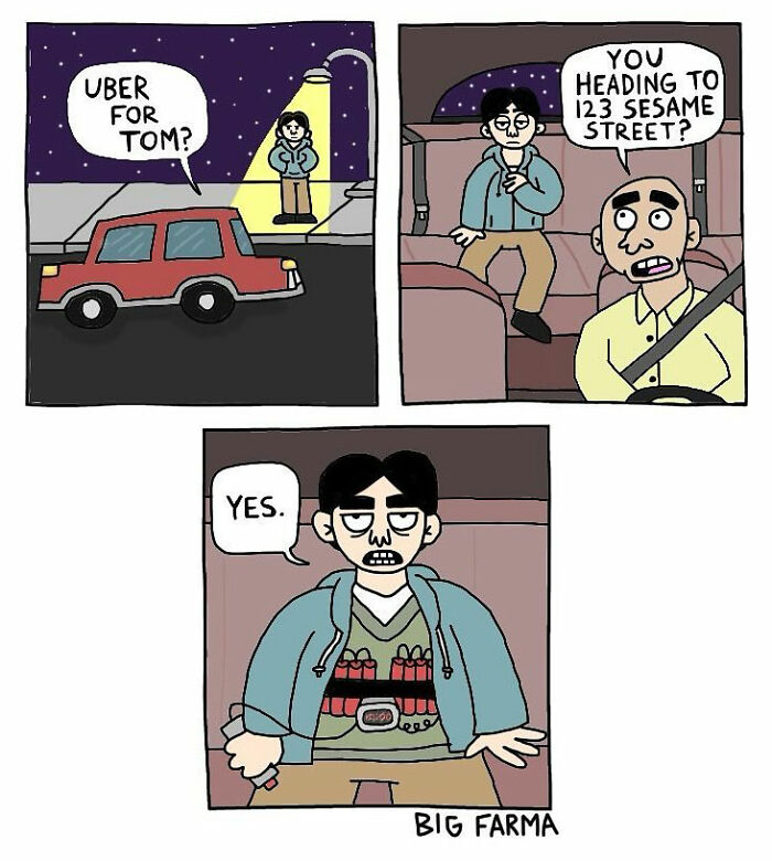 Comic panels by Big Farma showing a man with a b**b vest getting into a car, highlighting absurd dark humor.