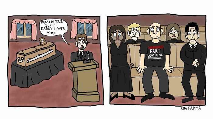 Cartoon illustrates a funeral scene with absurd humor, featuring characters and a man wearing a fart loading T-shirt in comics by Big Farma.
