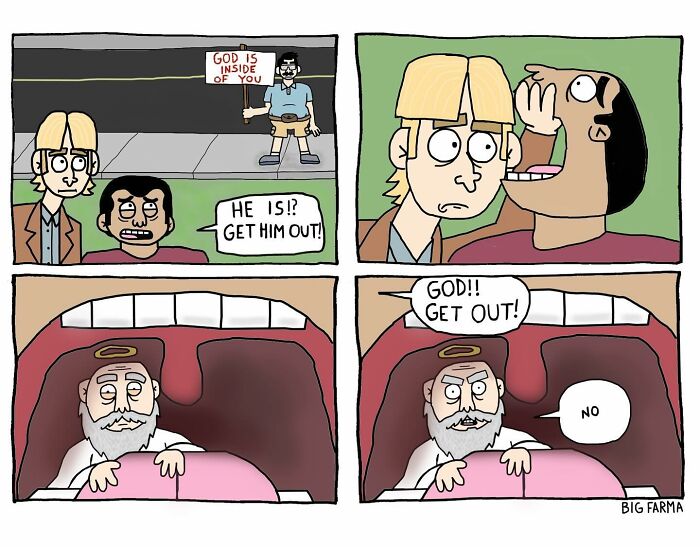 Absurd comic panels showing a man preaching and a character inside a mouth refusing to leave in a humorous style.
