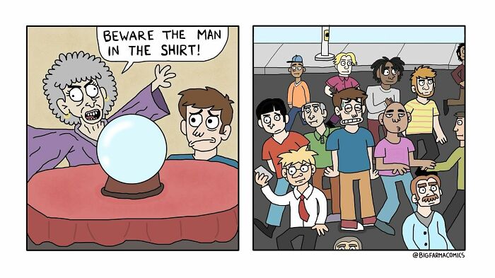 Cartoon comic panels showing a fortune teller warning about a man in a shirt in an absurd comic style.