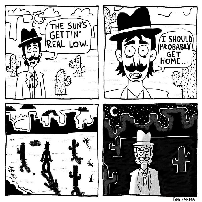 Black and white comic panels showing a man in a hat in a desert with cacti and changing sun and moon.