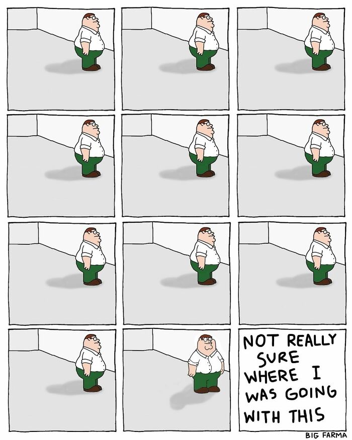 Absurd comic shows a character standing in various positions in a corner with a sarcastic caption about uncertainty.