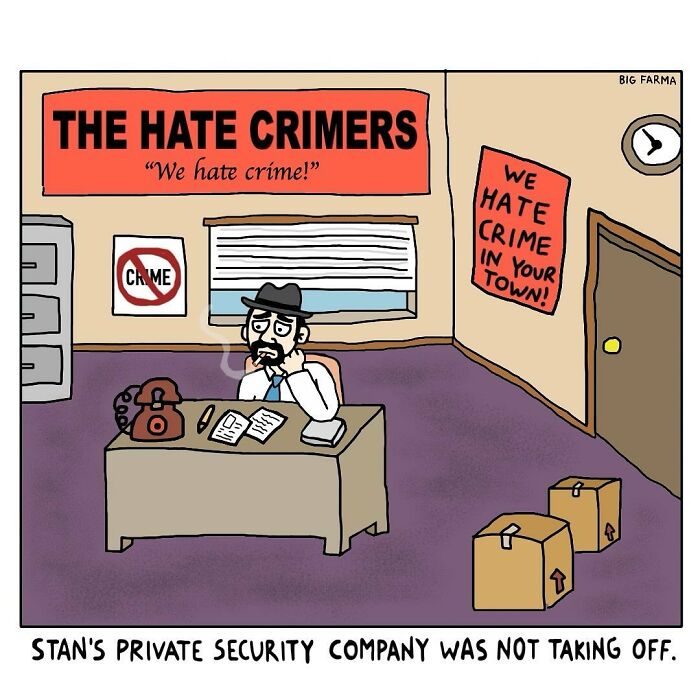 Absurd comic showing a man in an office for a security company called The Hate Crimers, humorously highlighting irony.