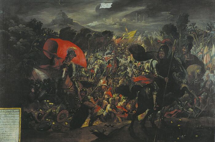 A historical painting depicting a chaotic battle scene, illustrating the search for lost treasures.