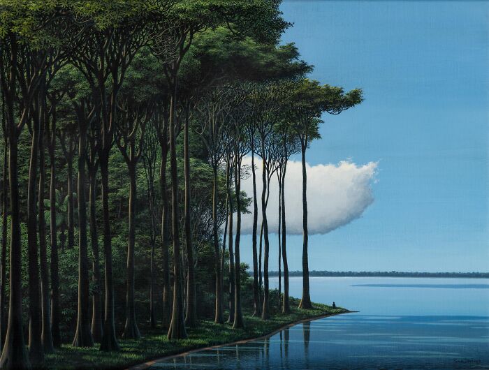 Serene landscape art by Tomas Sanchez depicting a calm lake and tall trees reflected in the water.